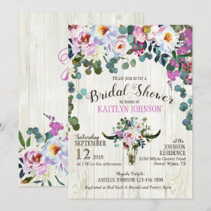 Convite Boho Chic Longhorn Cow Chá de panela Floral