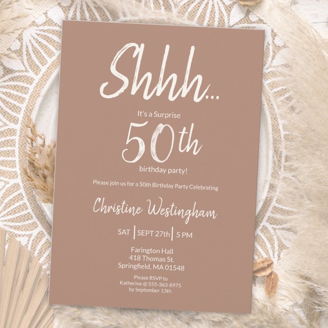 Convite Boho Chic Mocha Creme Surpresa Aniversário de 50 a (Criador carregado)