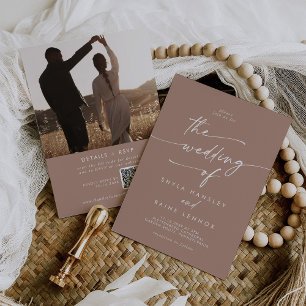 Convite Boho Chic Neutral Taupe Foto Código QR Casamento