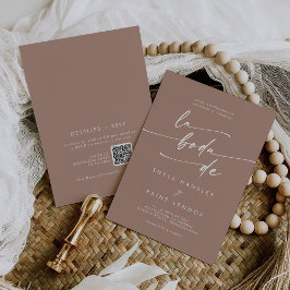 Convite Boho Chic Neutral Taupe QR Código Casamento Espanh