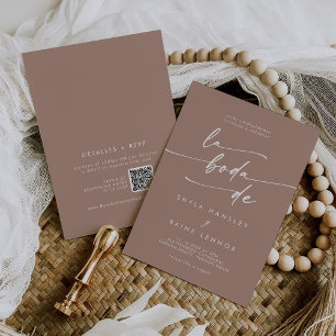 Convite Boho Chic Neutral Taupe QR Código Casamento Espanh