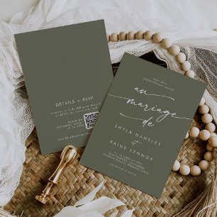 Convite Boho Chic Olive Green Código QR Casamento Francês
