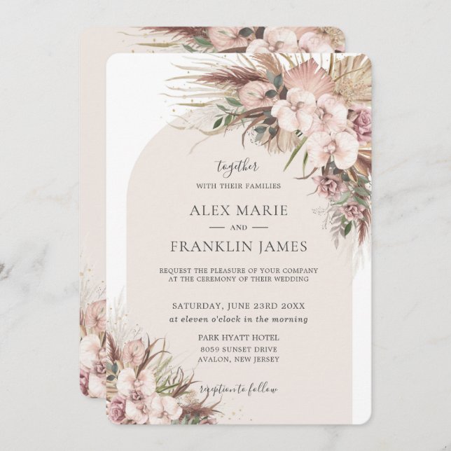 Convite Boho Chic Pampas Grass Orchid Arch Casamento Flora (Frente/Verso)