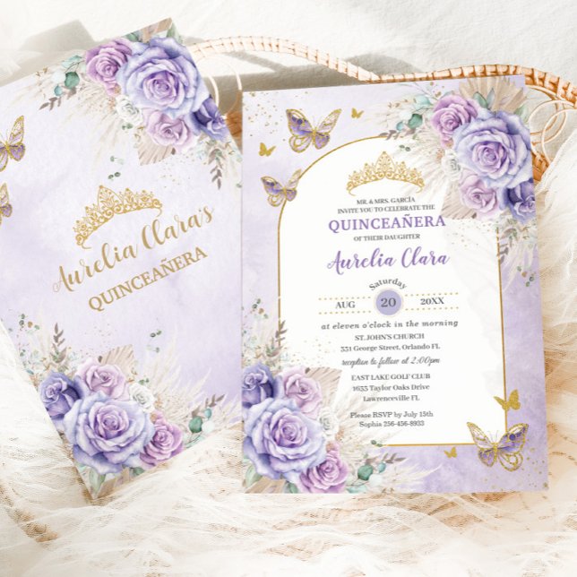 Convite Boho Chic Pampas Purple Lilac Floral Quinceañera (Criador carregado)