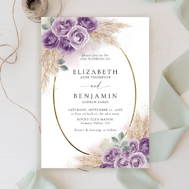 Convite Boho Chic Rustic Purple Oval Dourado Casamento Ele (boho chic rustic purple wedding invitation watercolor elegant floral frame barn ranch garden)
