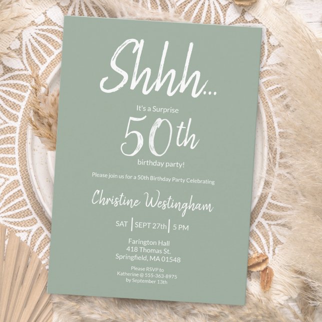 Convite Boho Chic Sage Green Surprise 50th Birthday (Criador carregado)