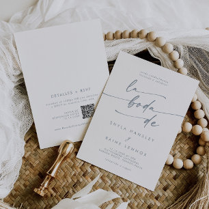 Convite Boho Chic Slate Blue Código QR Casamento espanhol