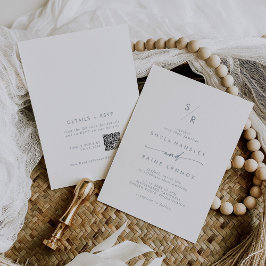 Convite Boho Chic Slate Blue Monograma Código QR Casamento