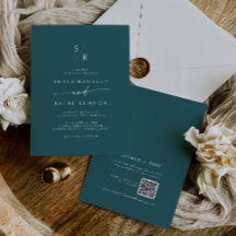 Boho Chic Teal Blue Monograma Código QR Casamento