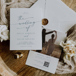 Convite Boho Chic Teal e White Photo Code Casamento