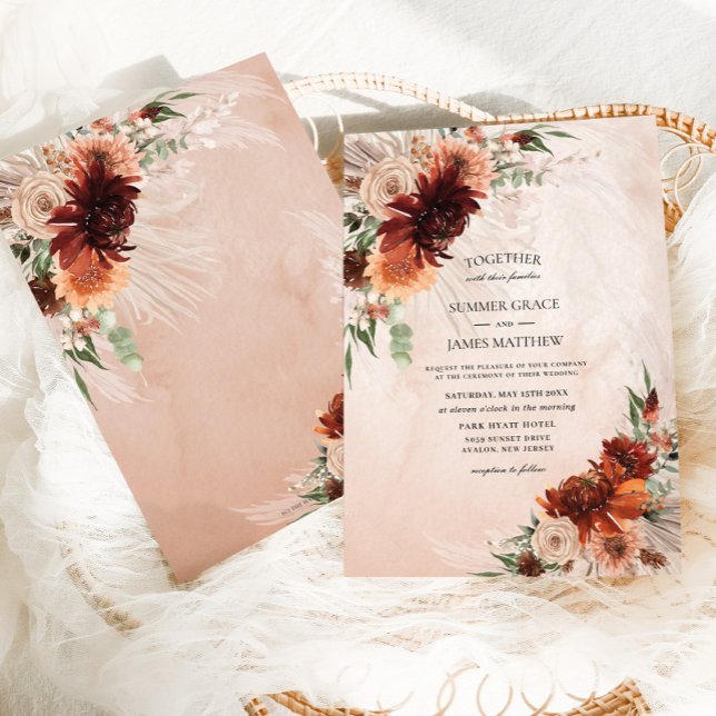 Convite Boho Chic Terracotta Floral Pampas Grass Casamento (Criador carregado)