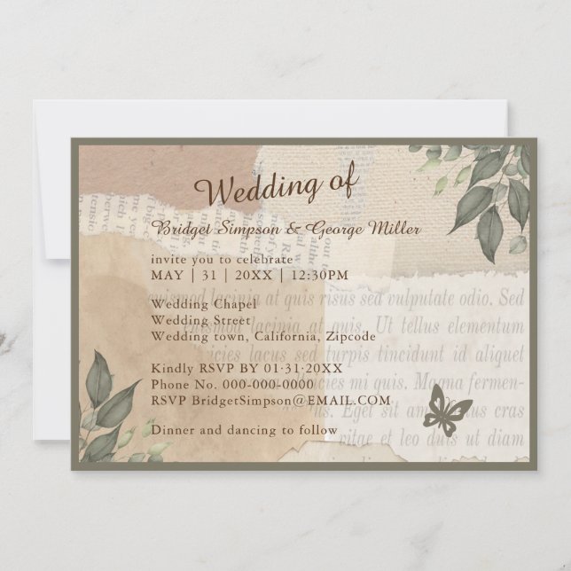 Convite boho chic vintage greenery casamento (Frente)