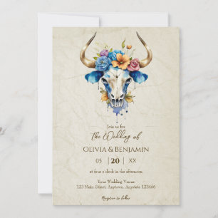 Convite Boho Chic Watercolor Vaca Floral Casamento Crânio