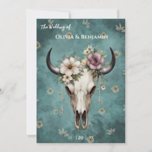 Convite Boho Chic Watercolor Vaca Floral Casamento Crânio