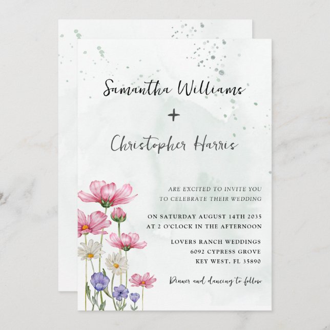 Convite Boho Chic Wild Flower Watercolor Casamento (Frente/Verso)