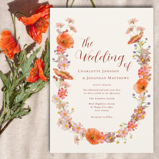 Convite Boho Chic Wildflower Casamento outono (Boho wildflower elegant script wedding  invitation with orange watercolor floral)