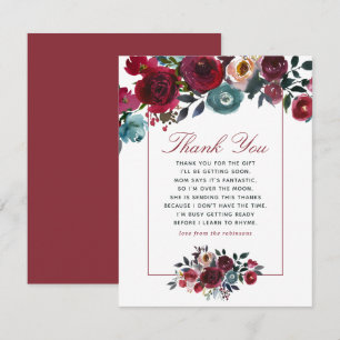 Convite Boho chique burgundy e azul-escuro Obrigada Baby S