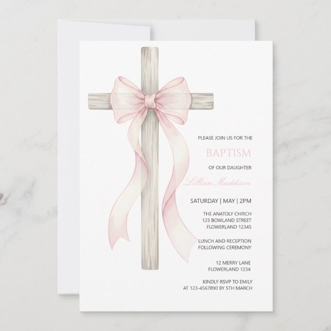 Convite Boho Christening Baptism girl bow invitation (Frente)