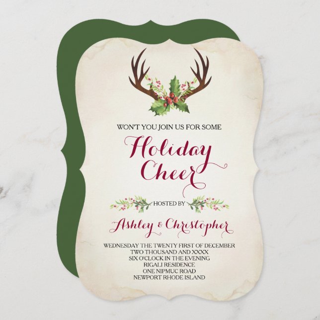 Convite Boho Christmas Invite ~ Rustic Deer Antler (Frente/Verso)