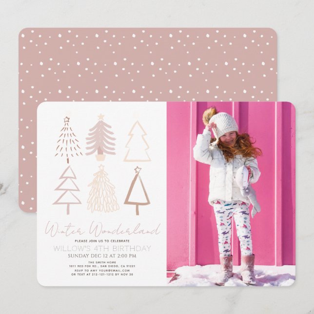 Convite Boho Christmas Trees Winter Wonderland Birthday (Frente/Verso)
