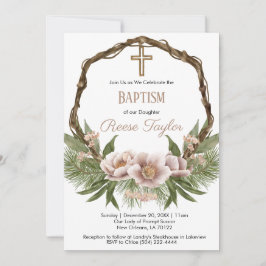 Convite Boho Christmas Wooden Wreath Baptism