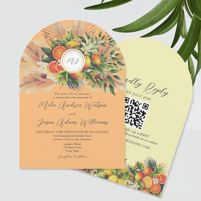 Convite Boho Cítrico QR Casamento (Criador carregado)