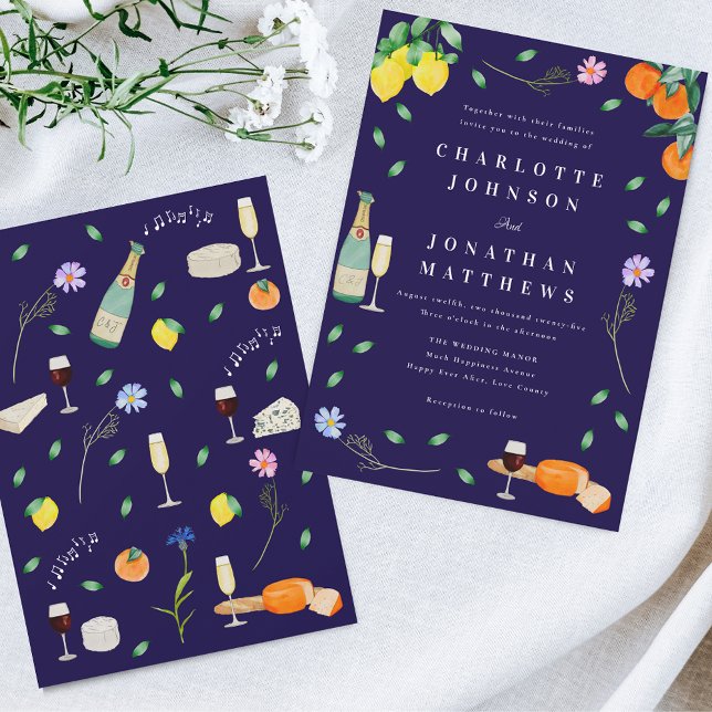 Convite Boho Cítrico & Vinho Casamento Azul Marinho (Wildflower boho citrus floral wine and cheese navy blue Wedding invitation barn backyard wedding)