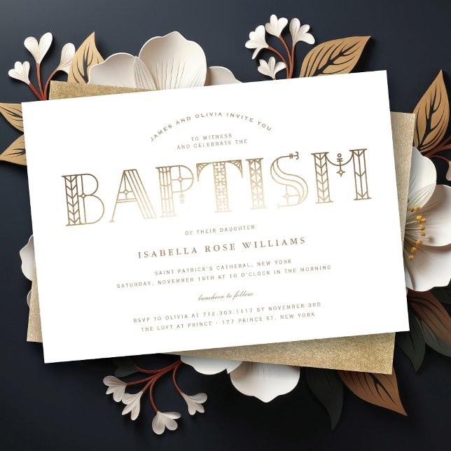 Convite Boho Classy Dourado/Tipografia Branca Batismo Eleg (Boho Classy Gold/White Typography Elegant Baptism Religious Invitation @ fat_fa_tin)