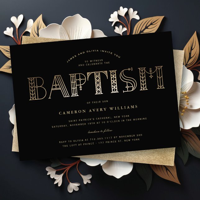 Convite Boho Classy Dourado/Tipografia Negra Batismo Elega (Boho Classy Gold/Black Typography Elegant Baptism Religious Invitation @ fat_fa_tin)