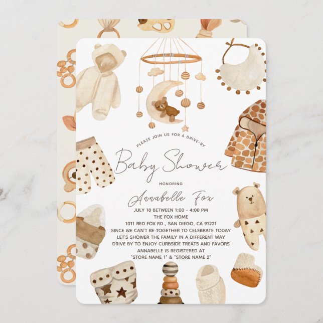 Convite Boho Clothes Nursery Drive-by Chá de fraldas Invit (Frente/Verso)