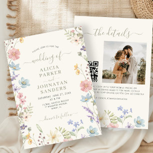 Convite Boho código QR em escrita verde sage de flores sil