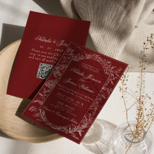 Convite Boho Código QR Floral Vermelho Intenso Botânico Ca