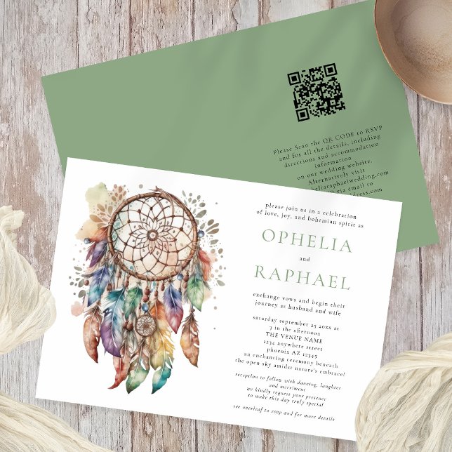 Convite Boho Colorful Dreamcatcher Bohemian Wedding Sage (Front and back view)
