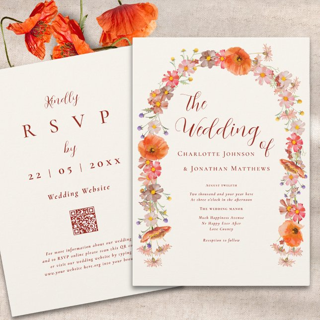 Convite Boho Colorful Wildflower Wedding Código QR (Boho wildflower fall wedding qr code invitation )