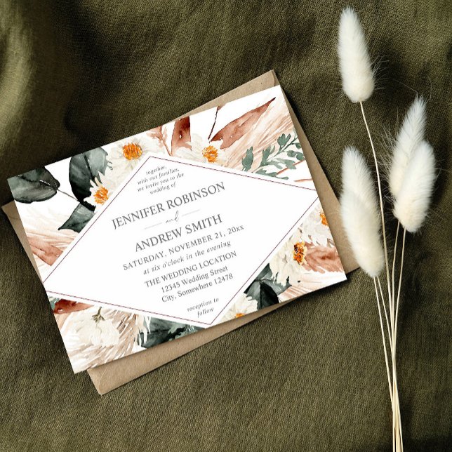 Convite Boho Copper Pampas Grass & Beige Casamento Floral (Criador carregado)