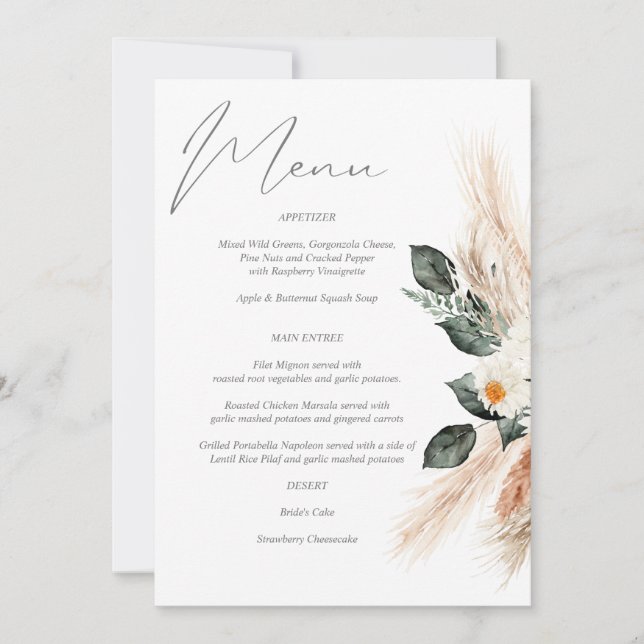 Convite Boho Copper Pampas Grass & Beige Floral Menu (Frente)