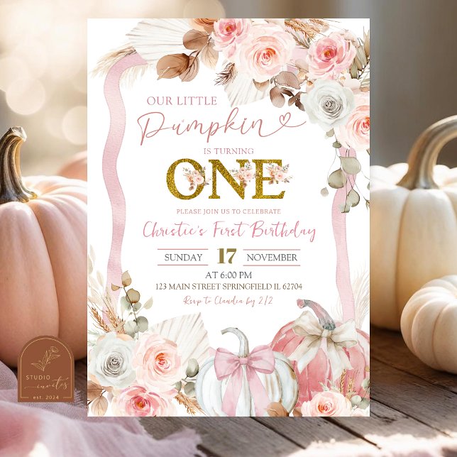 Convite Boho Coquette Abóbora Rosa Aniversário de 1 ano (Criador carregado)