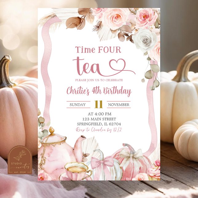 Convite Boho Coquette Rosa Tempo QUATRO chá Aniversário (Criador carregado)