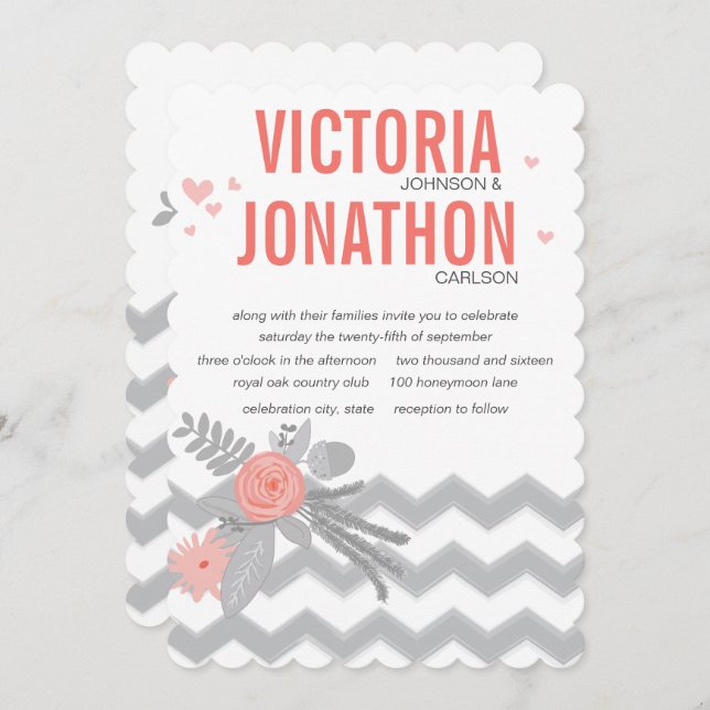 Convite Boho Coral Marinho Cinza Chevron Typografia Casame (Frente/Verso)