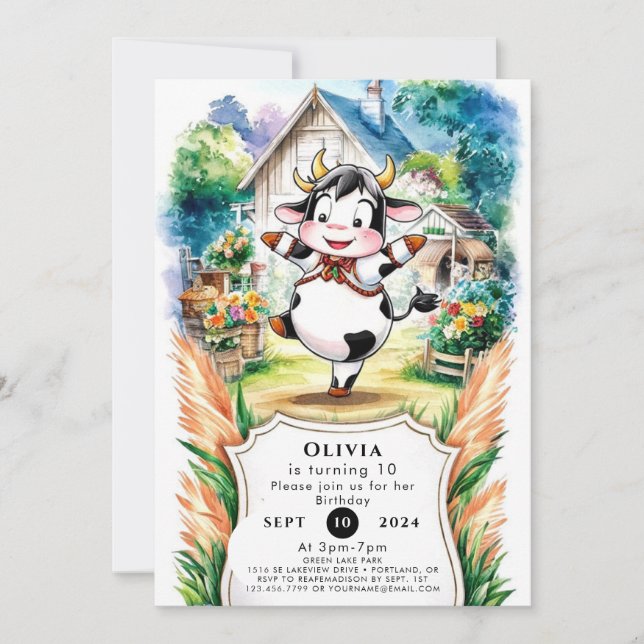 Convite Boho Cow Aniversário Encantado (Frente)