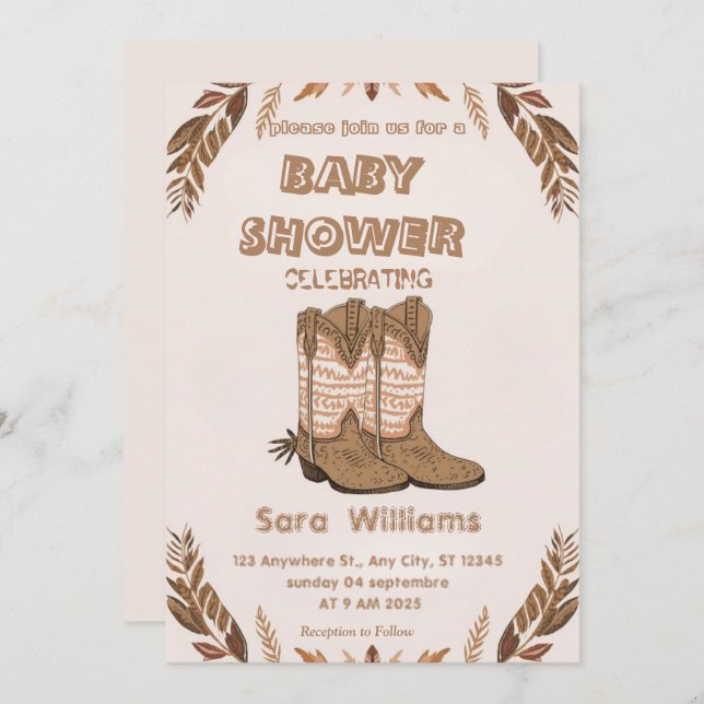 Convite Boho Cowboy Boots baby shower invitation (Frente/Verso)