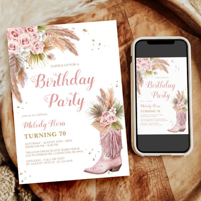 Convite Boho Cowgirl Boot Pampas Grass Rosa 70 Aniversário (Boho Cowgirl Boot Pampas Grass Roses 70th Birthday Invitation)