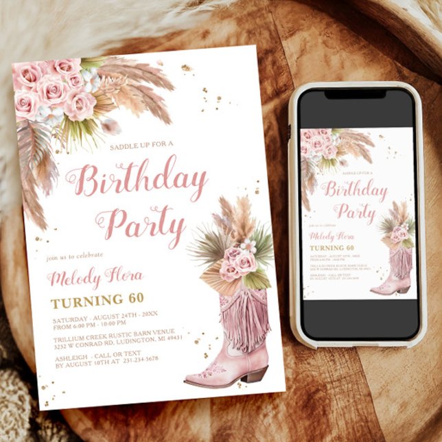 Convite Boho Cowgirl Boot Pampas Grass Rosas 60º Aniversár (Boho Cowgirl Boot Pampas Grass Roses 60th Birthday Invitation)