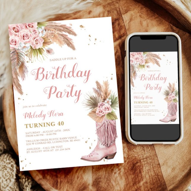 Convite Boho Cowgirl Boot Pampas Rosa aniversário de 40 an (Boho Cowgirl Boot Pampas Grass Roses 40th Birthday Invitation)