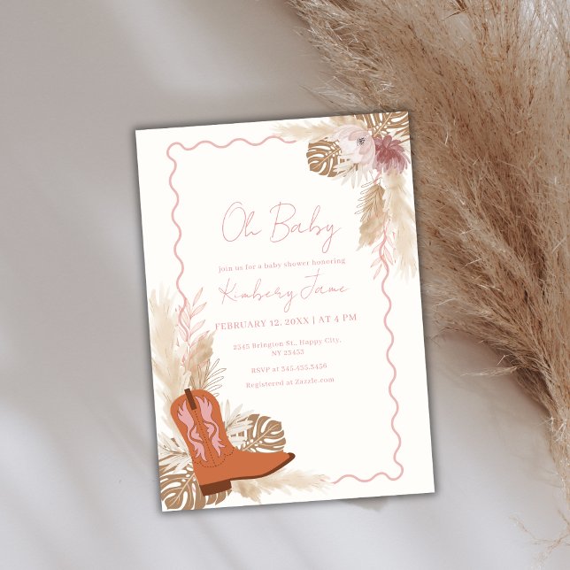 Convite Boho CowGirl Boots Chá de fraldas Pampas Grass (Boho Cowgirl Boots Pampas Grass Baby Shower Invitation)