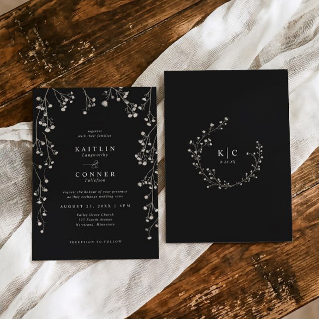 Convite Boho Cravo Branco e Preto para Casamento Baby's Br (Black and white wedding invite with grayscale baby’s breath and botanical monogram wreath)