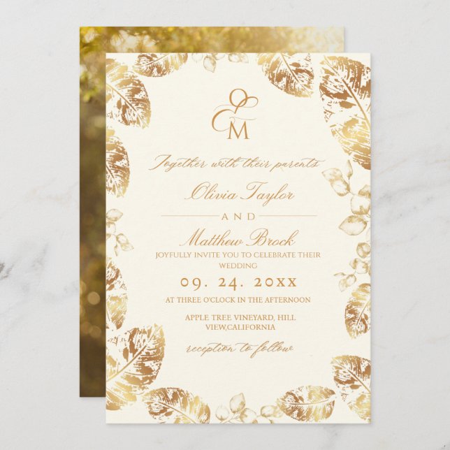 Convite Boho Cream Dourado | Casamento outono Elegante (Frente/Verso)