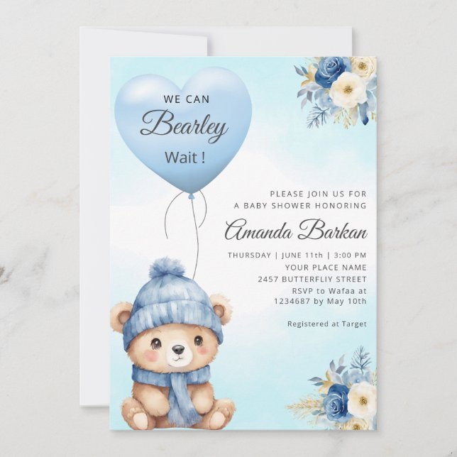 Convite Boho Cute Boy Teddy Bear Blue Balloon Chá de frald (Frente)