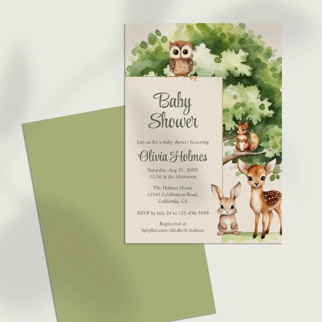 Convite Boho Cute Woodland Animal Chá de fraldas Convidar (Boho Cute Woodland Animals Baby Shower Invitation against a neutral backgraound.)