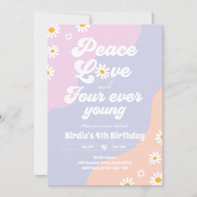 Convite Boho Daisy 4º Aniversário Paz Ama Quatro Nunca Jov (Frente)